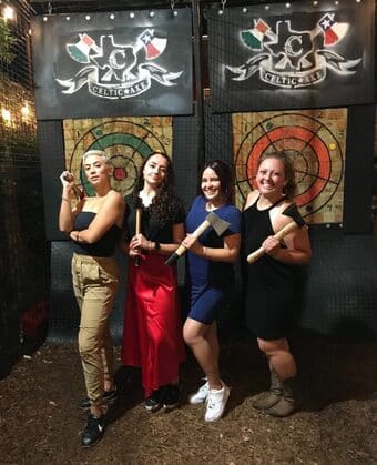 4 Girl friends bonding at Celtic Axe Throwers